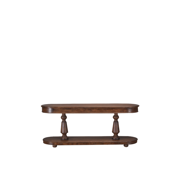 Consola ovalada de madera maciza con dos niveles y patas torneadas.