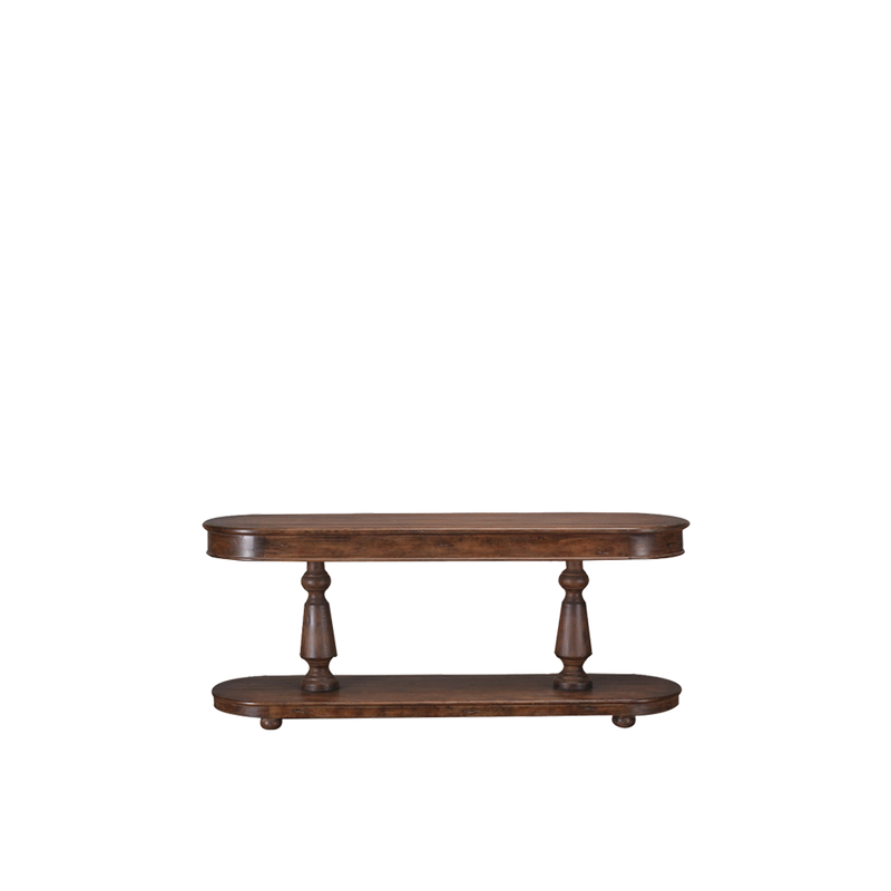Consola ovalada de madera maciza con dos niveles y patas torneadas.