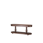 Consola ovalada de madera maciza con dos estantes y patas torneadas en los laterales.