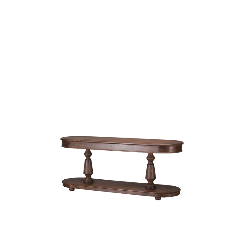 Consola ovalada de madera maciza con dos estantes y patas torneadas en los laterales.
