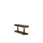 Consola ovalada de madera maciza con sobre superior curvado y estante inferior.