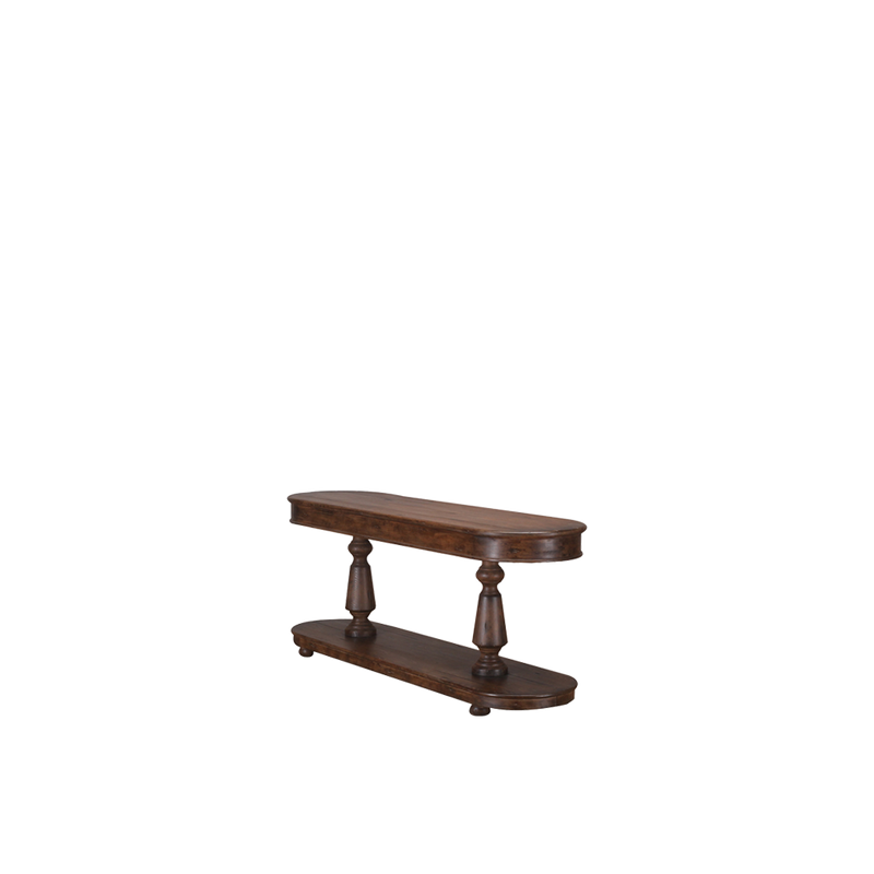 Consola ovalada de madera maciza con sobre superior curvado y estante inferior.