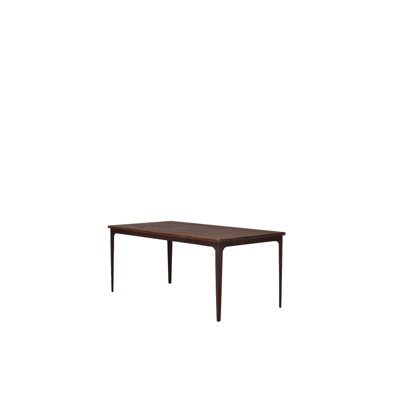 Mesa de comedor Heritage vista lateral: tablero de madera oscura y patas de soporte