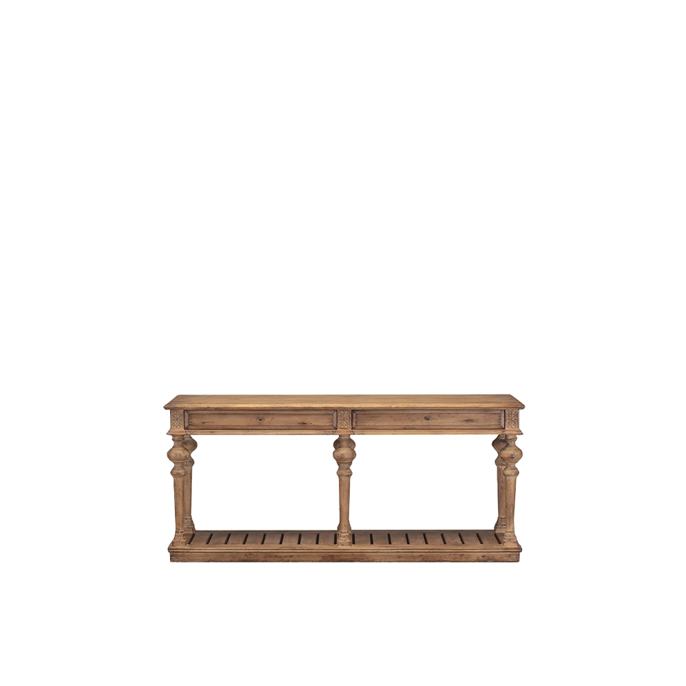 Consola de madera con patas decorativas y panel frontal con marco