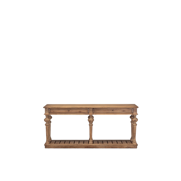 Consola de madera con patas decorativas y panel frontal con marco
