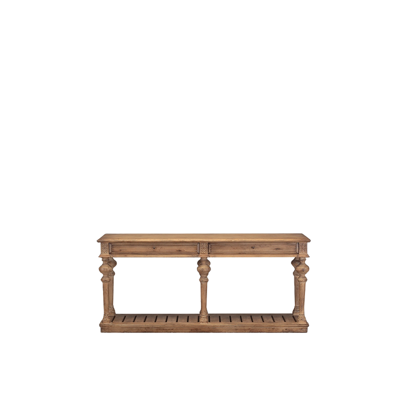 Consola de madera con patas decorativas y panel frontal con marco
