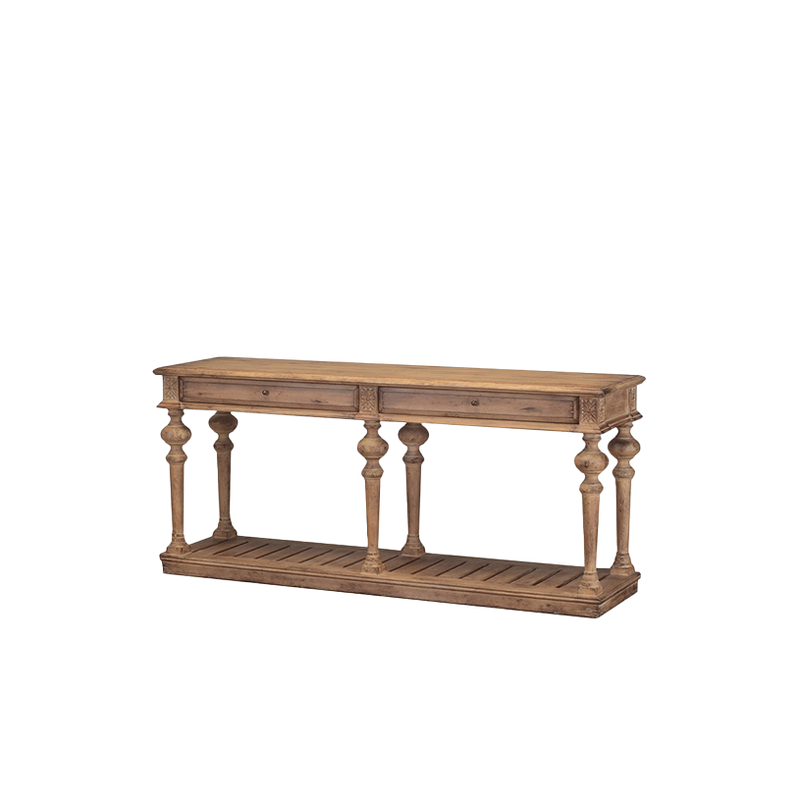 Consola de madera con cajón central y patas torneadas decorativas