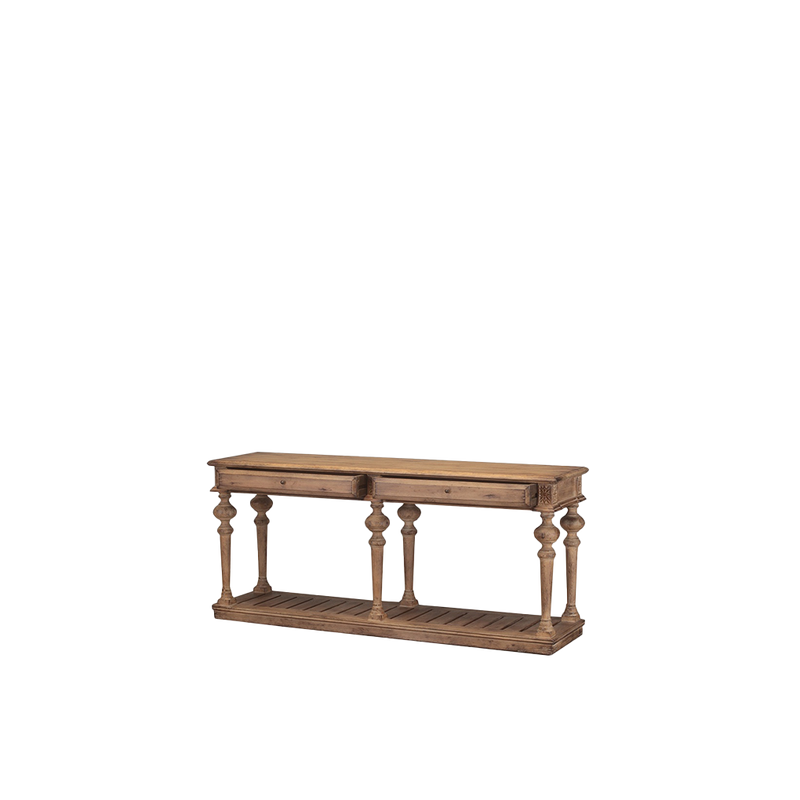 Consola de madera con estante inferior de listones y patas torneadas