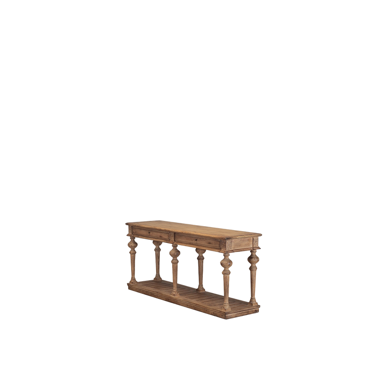 Consola de madera vista lateral con estante inferior y patas decorativas