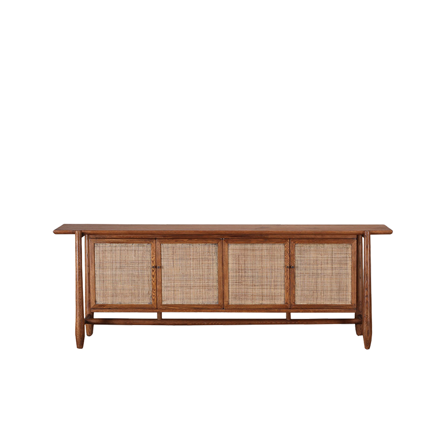 Aparador de madera con 4 puertas de rafia y herrajes negros