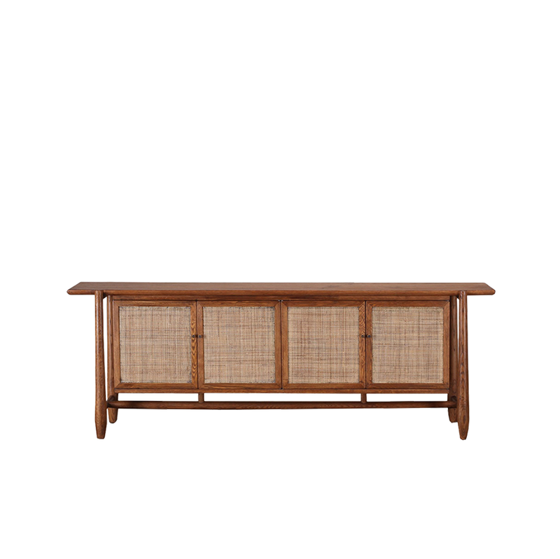 Aparador de madera con 4 puertas de rafia y herrajes negros