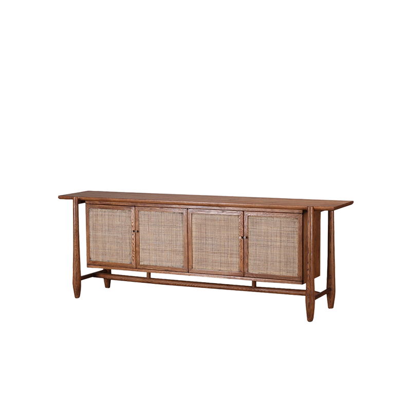Aparador de madera con 4 puertas de rafia y tiradores negros