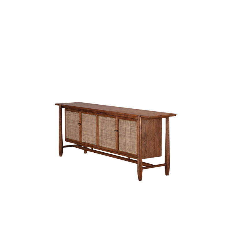 Aparador de madera y rafia con 4 puertas y patas torneadas