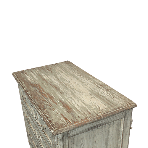 Tapa de cajonera de madera con textura envejecida, acabado gris claro y vetas visibles.
