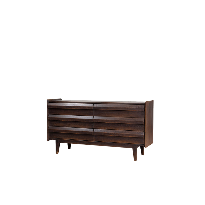Cajonera de madera oscura con 6 cajones, frente con líneas y patas.