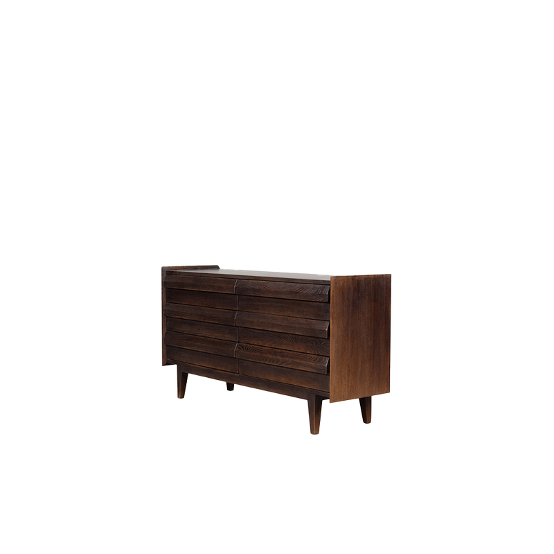 Cajonera de madera oscura de 6 cajones, costado con veta visible y patas.