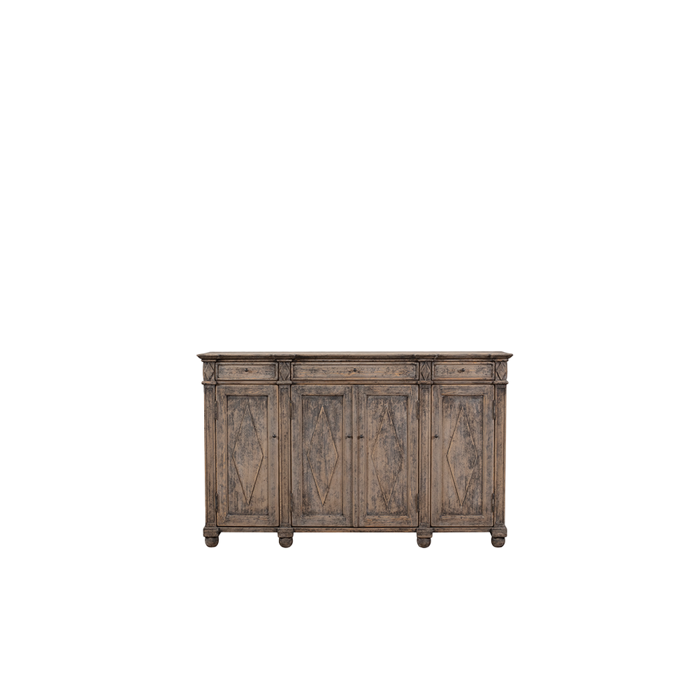 Aparador de madera Heritage con 4 puertas y 3 cajones, acabado envejecido