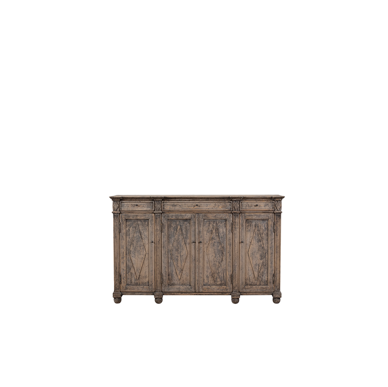 Aparador de madera Heritage con 4 puertas y 3 cajones, acabado envejecido