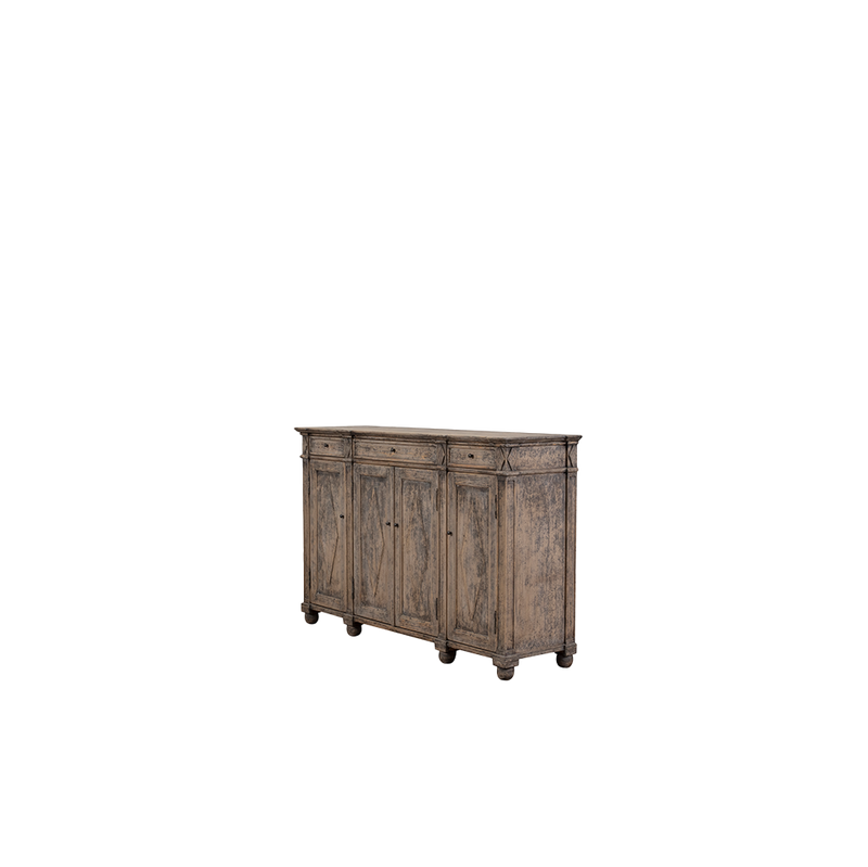 Aparador de madera Heritage con 4 puertas y 3 cajones, vista trasera parcial, acabado envejecido
