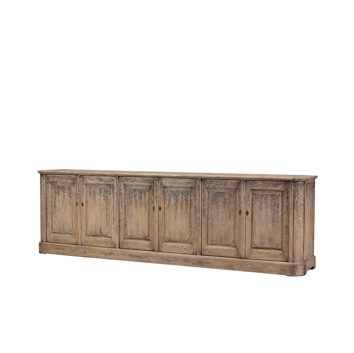Aparador largo de madera con 6 puertas de estilo rústico y acabado envejecido