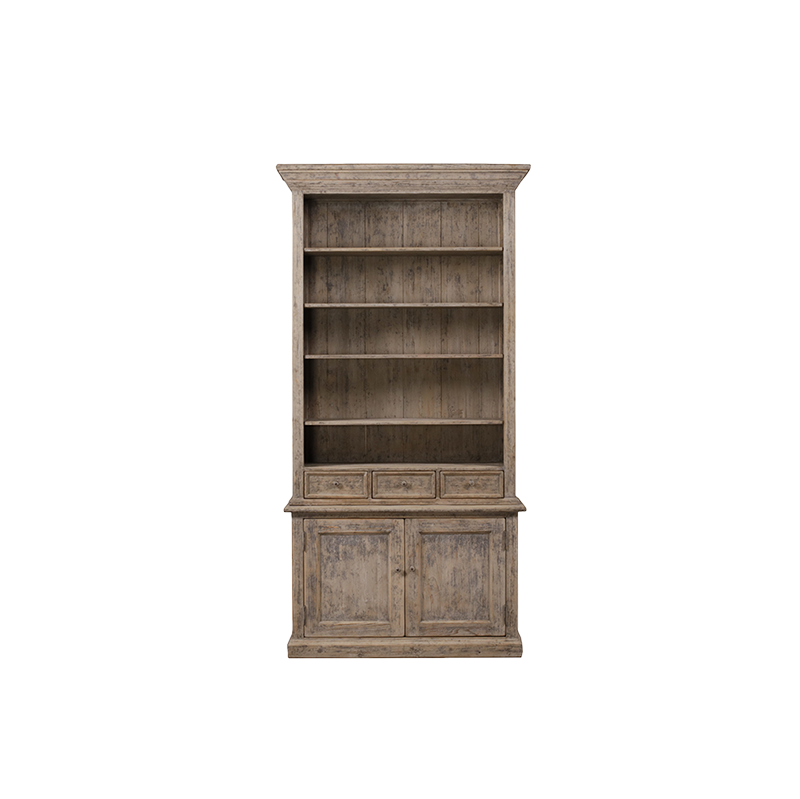 Librería alta Heritage de madera envejecida, con 2 puertas y estantes superiores.