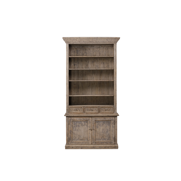 Librería alta Heritage de madera envejecida, con 2 puertas y estantes superiores.