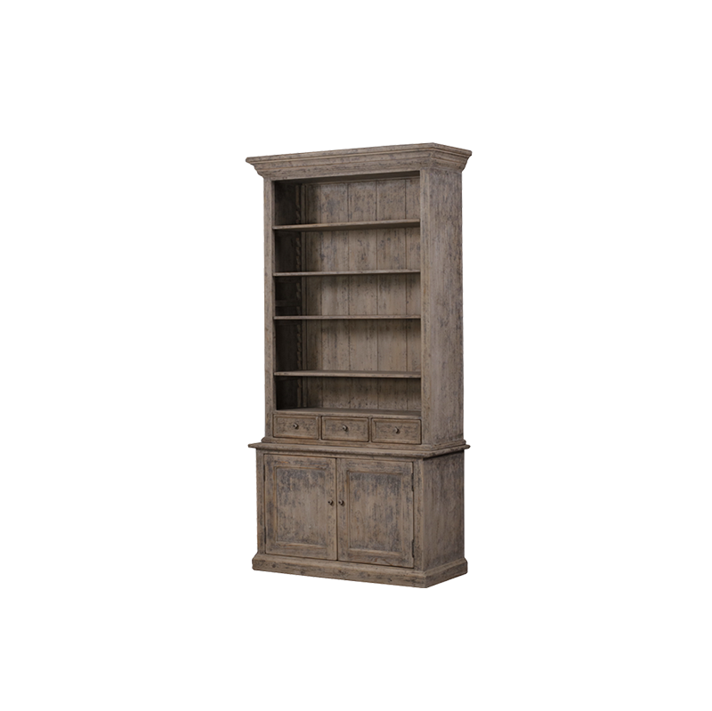 Librería alta Heritage de madera envejecida, estantes y 2 cajones con tiradores.