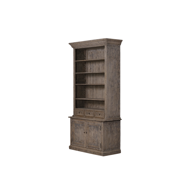 Librería alta Heritage de madera envejecida, con puertas inferiores y estantes interiores.