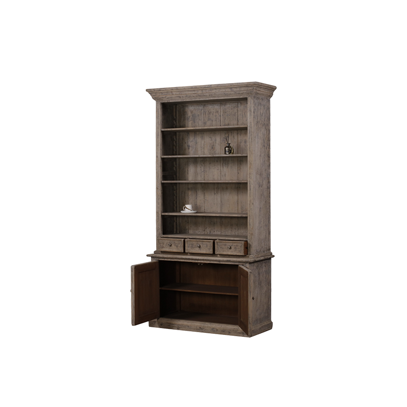 Librería alta Heritage con puertas abiertas y estantes; madera envejecida.