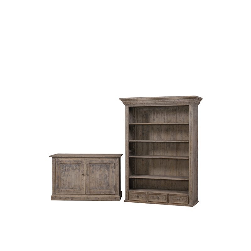 Librería alta Heritage de madera envejecida junto a mueble bajo a juego.
