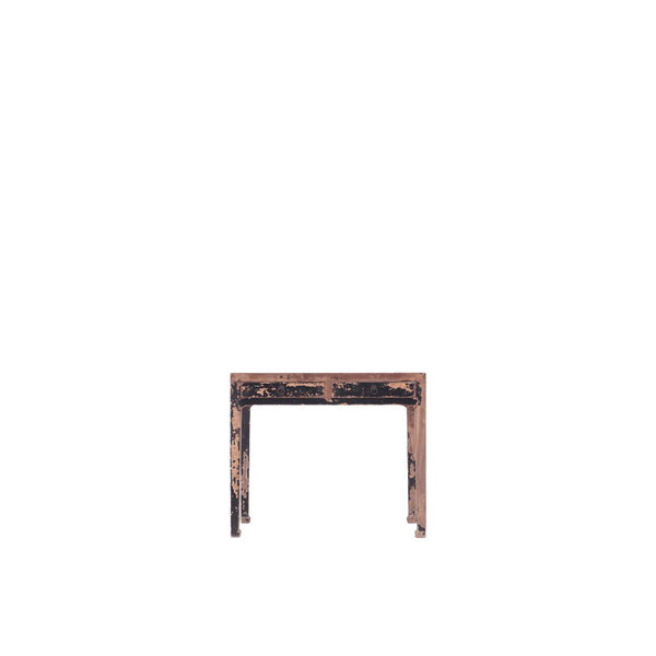 Consola antigua de madera oscura envejecida con tapa rectangular y cuatro patas