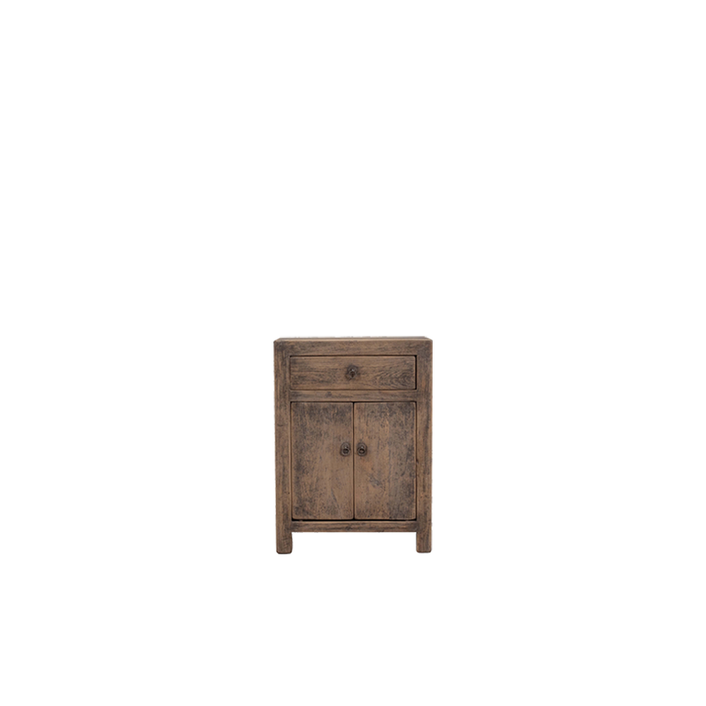 Mesita de noche de madera con 1 cajón y 2 puertas, acabado envejecido