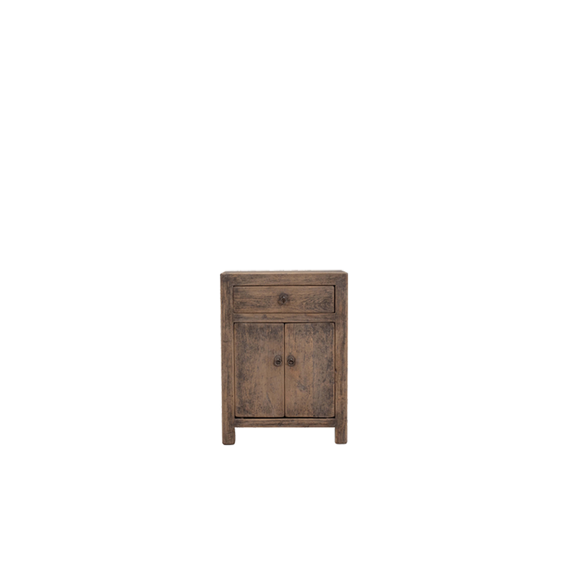 Mesita de noche de madera con 1 cajón y 2 puertas, acabado envejecido