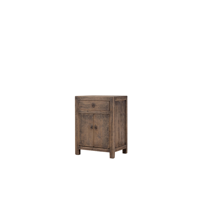 Mesita de noche de madera con 1 cajón y 2 puertas, vista lateral