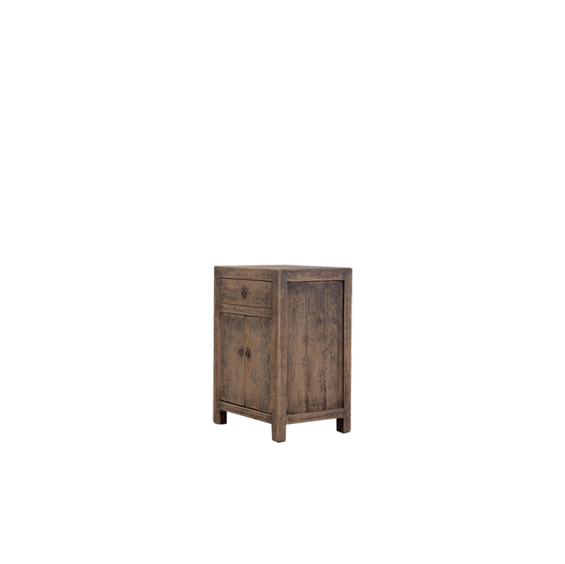 Mesita de noche de madera con 1 cajón y 2 puertas, vista trasera parcial