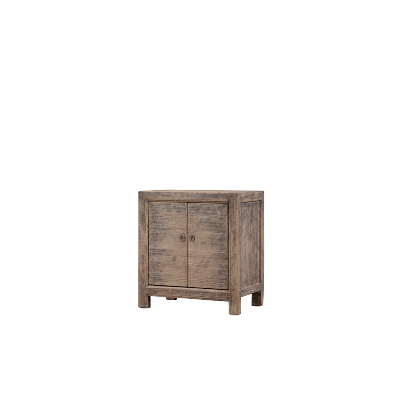 Aparador pequeño de madera Heritage, vista lateral con 2 puertas y patas de madera.