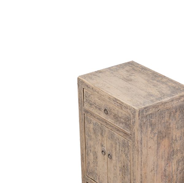 Mesita de noche de madera envejecida, tapa superior y tirador del cajón