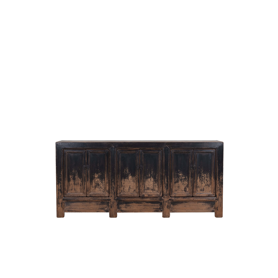 Aparador de madera oscuro con 6 puertas y acabado envejecido, patas de madera