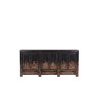 Aparador de madera oscuro con 6 puertas y acabado envejecido, patas de madera