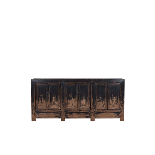 Aparador de madera oscuro con 6 puertas y acabado envejecido, patas de madera