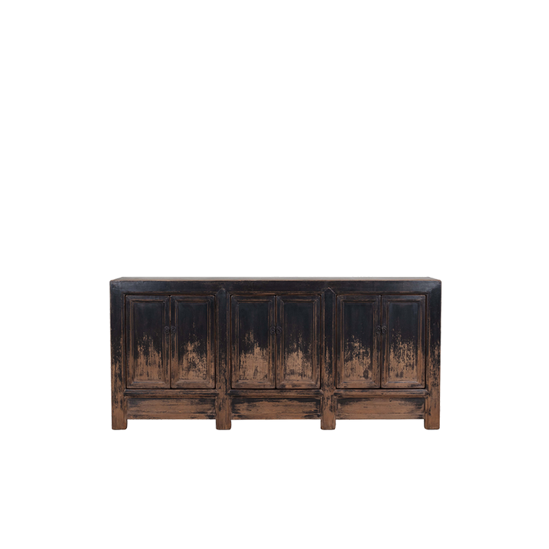 Aparador de madera oscuro con 6 puertas y acabado envejecido, patas de madera