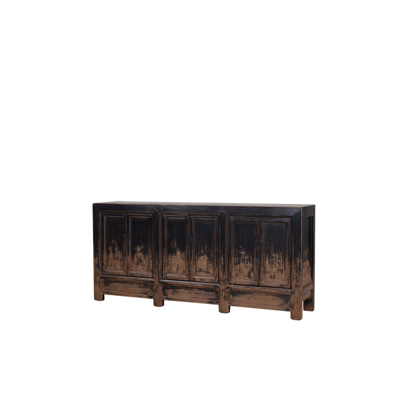 Aparador de madera oscuro con 6 puertas, acabado desgastado y manijas de metal