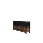 Aparador de madera oscuro con 6 puertas, acabado envejecido y laterales decorados