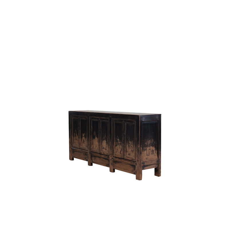 Aparador de madera oscuro con 6 puertas, acabado envejecido y laterales decorados