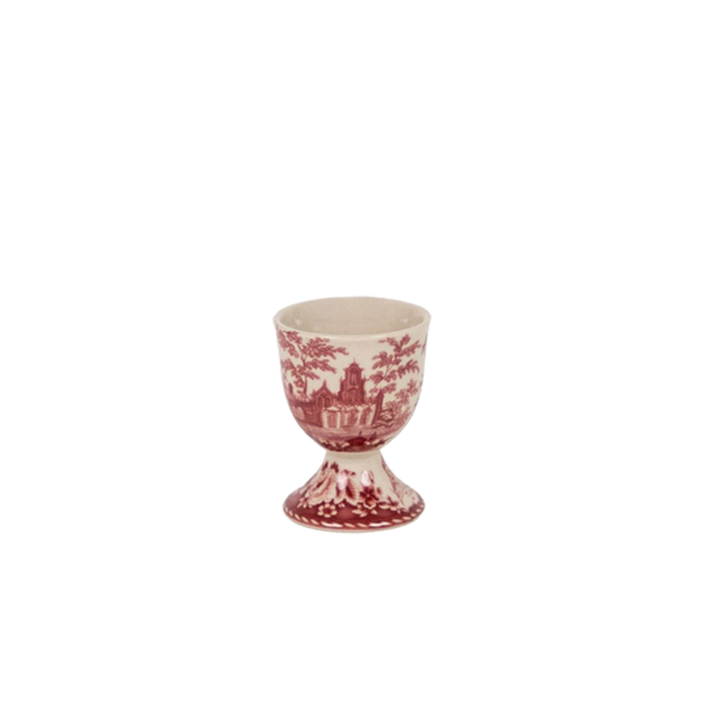 Huevera de porcelana blanca con decoración roja estilo campiña y base tipo copa