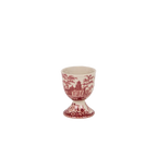 Huevera de porcelana blanca con decoración roja estilo campiña y base tipo copa