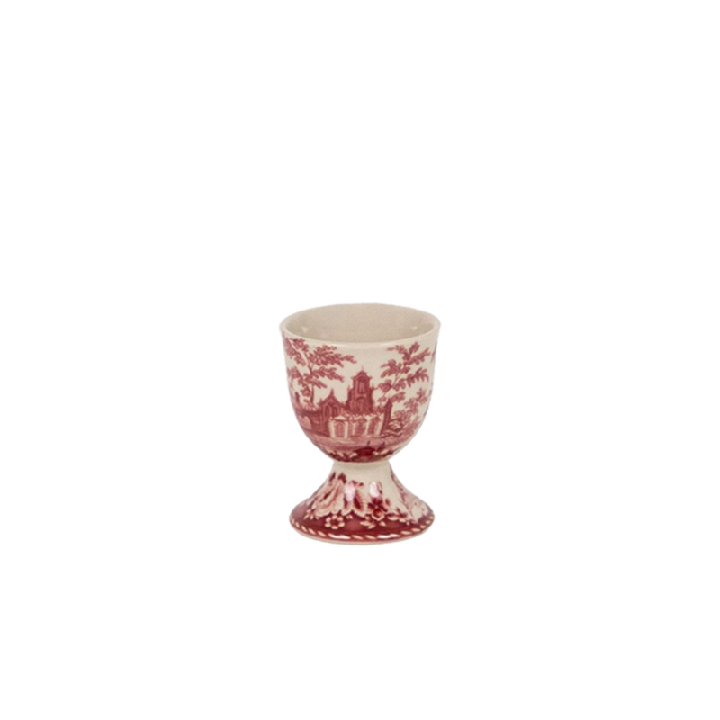 Huevera de porcelana blanca con decoración roja estilo campiña y base tipo copa