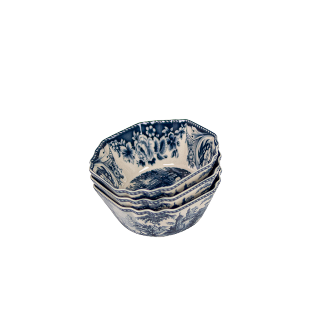 Tazón de cerámica azul y blanco con estampado floral y paisaje