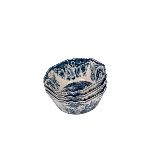Tazón de cerámica azul y blanco con estampado floral y paisaje