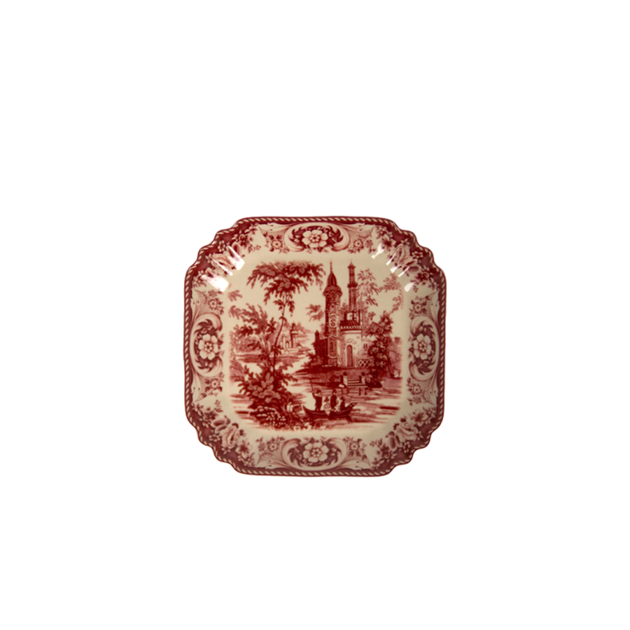 Fuente ensalada Estelle Red de cerámica blanca y roja con estampado clásico.